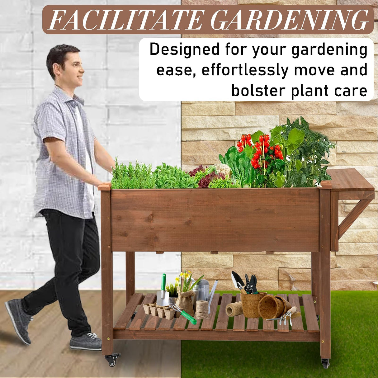 ketive Raised Garden Bed 55.5x24x32-inch Mobile Elevated Wood Planter with Lockable Wheels, Storage Shelf, Protective Liner （Brown） ketive