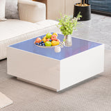 LUMISOL 27.5” High Glossy Square Coffee Table with LED Strip Lights, Modern Center Table with Frosted Tempered Glass Top, Coffee Table for Living Room, White LUMISOL