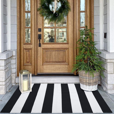 KOZYFLY Black and White Area Rug 27.5x43 Inches Striped Front Door Rug Cotton Washable Indoor Outdoor Rug Doormats Outdoor Small Striped Rugs for Kitchen Entryway Patio Front Porch Decor KOZYFLY
