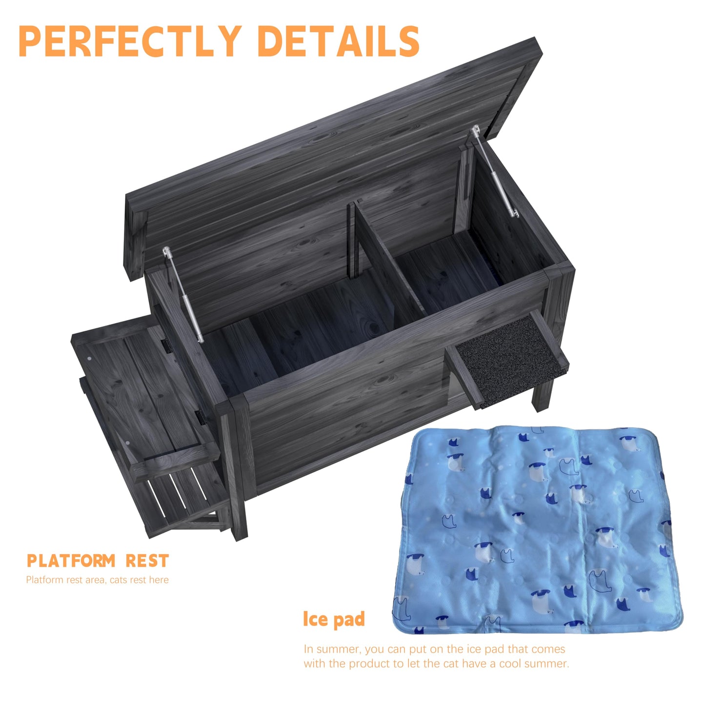 Black Outdoor Cat House Weatherproof Feral Cat Enclosure with Ice Pad for Summer, 100% Insulated All-Round Foam, Wood Large Feral Cat House for Multiple Cats 34.25" L*21.65" W*24.78" H