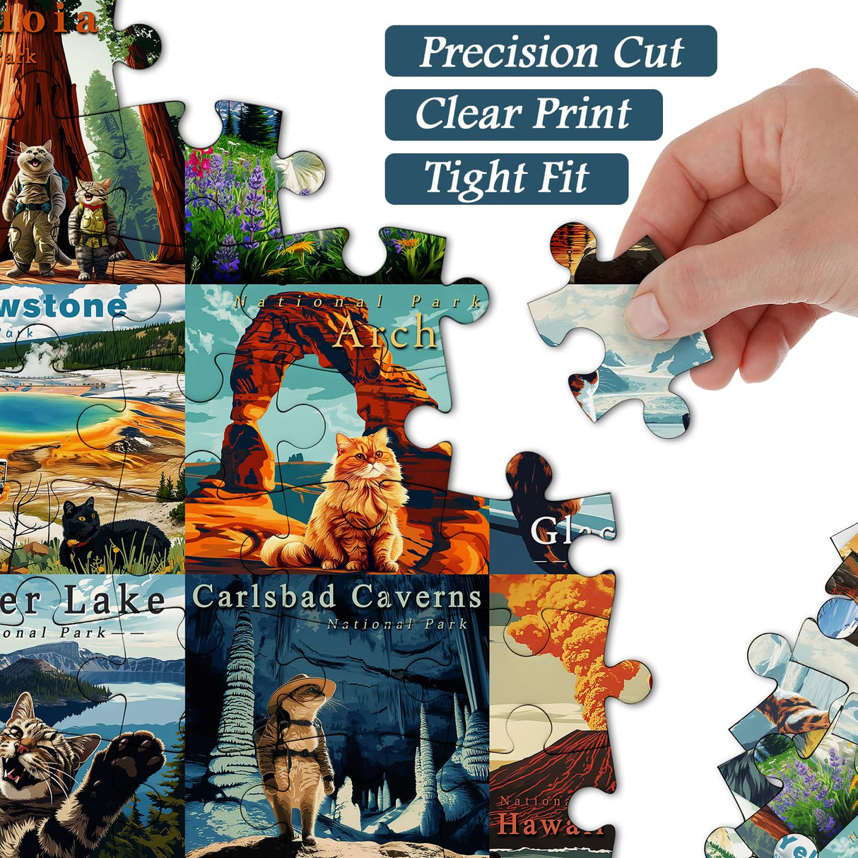 Cat Puzzles for Adults 1000 Pieces and up, National Parks Puzzle Series Kitty Travels Yellowstone Glacier, PICKFORU Funny Cat Jigsaw Puzzles as Home Decor PICKFORU