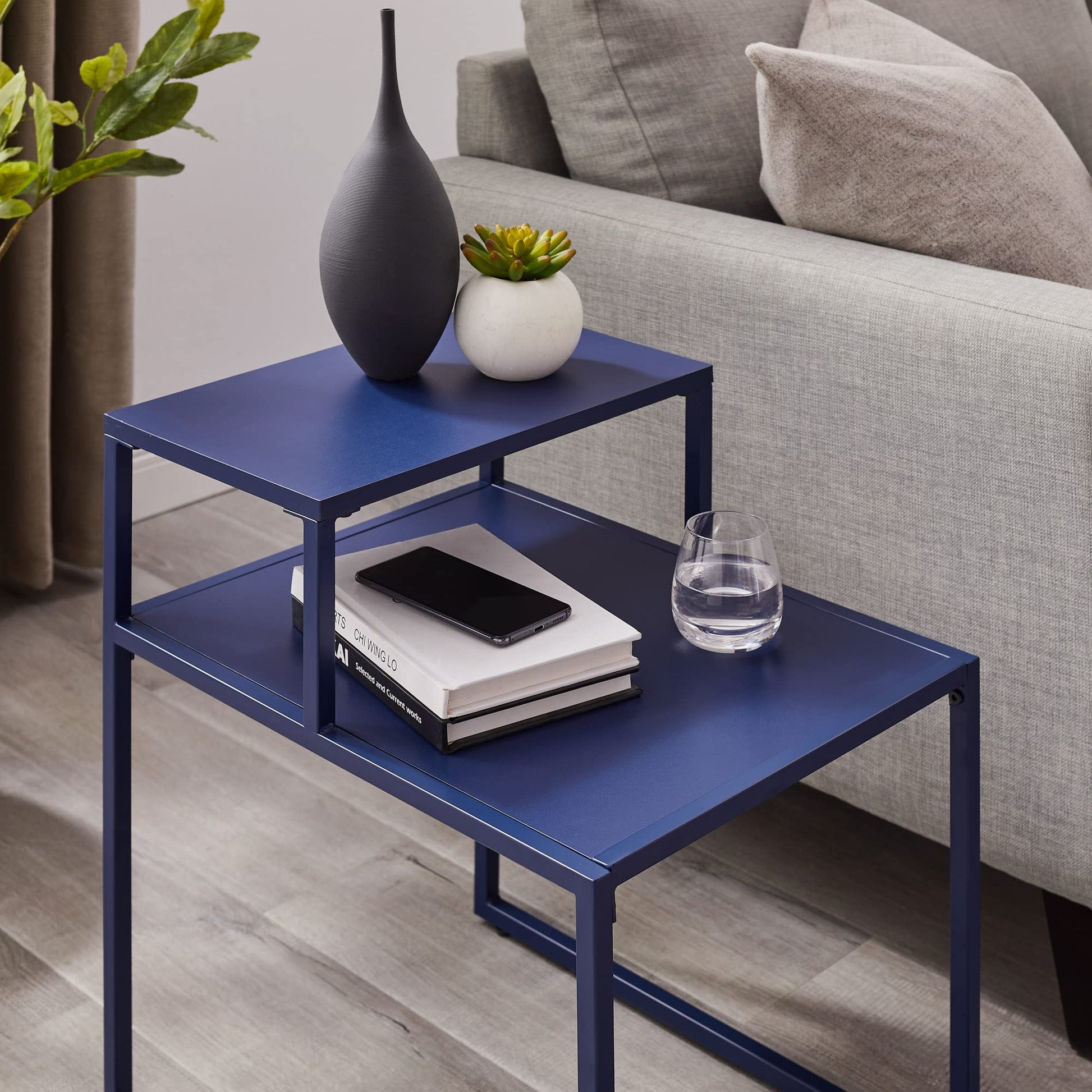 Walker Edison Modern Metal and Wood Tiered Side Table, 16 Inch, Blue - WoodArtSupply