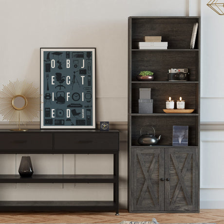IRONCK 6-Tier Industrial Bookcase with Doors – Charcoal Grey Floor Standing Shelves for Home Office and Living Room IRONCK