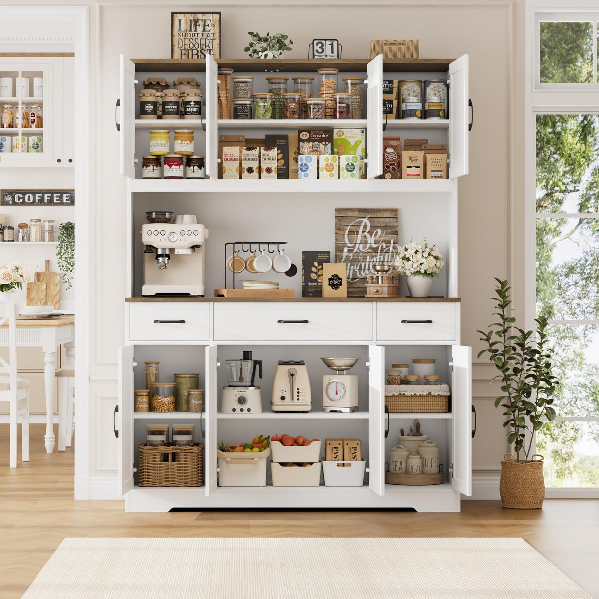 HOSTACK 71" Tall Kitchen Pantry Storage Cabinet with Charging Station, 55" Wide Kitchen Hutch Cabinet with Large Countertop, Farmhouse Food Pantry with Drawers for Living Room, White HOSTACK