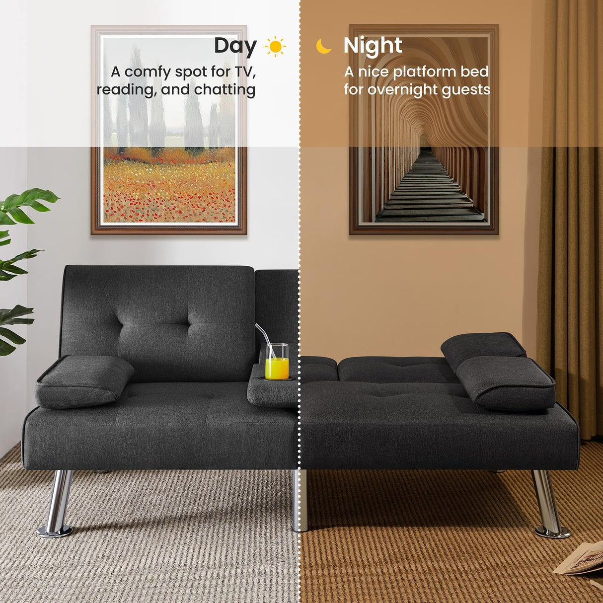 Yaheetech Convertible Sofa Bed Adjustable Fabric Couch Sleeper Modern Recliner Reversible Loveseat Folding Daybed Guest Bed, Removable Armrests, Cup Holders, 3 Angles, 772lb Capacity, Dark Gray Yaheetech