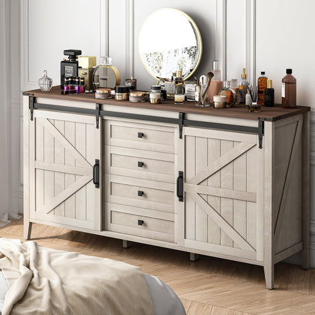 Farmhouse Dresser for Bedroom, Chests of Drawers for Clothes, 4 Drawers Dresser with Sliding Barn Door, White Dresser Wood, 60” Wide Dresser with Storage Organizer for Kids, Tall TV Stand GlouMod