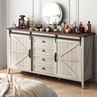 Farmhouse Dresser for Bedroom, Chests of Drawers for Clothes, 4 Drawers Dresser with Sliding Barn Door, White Dresser Wood, 60” Wide Dresser with Storage Organizer for Kids, Tall TV Stand