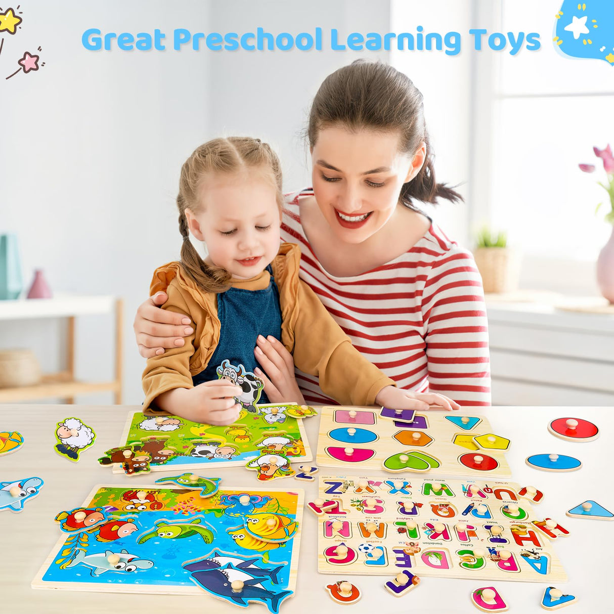 Wooden Peg Puzzles for Toddlers 2 3 4 Year Old, 4 Pack Montessori Toys Preschool Learning Puzzles for Toddlers 1-3 with Animals, Shapes, Alphabet, Wooden Toddler Toys Gifts for Kids Boys Girls Peacurh