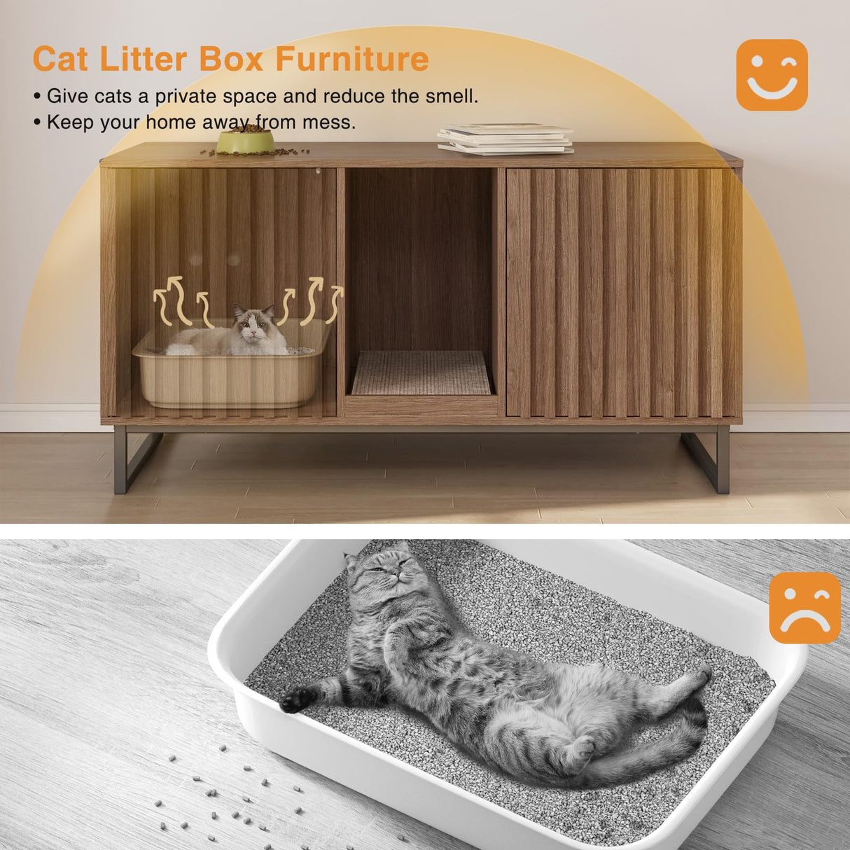 Vabches 47.2” Large Cat Litter Box Enclosure with Scratch Pad, Double Hidden Wooden Indoor Cat House, TV Stand Side Table Pet Washroom Furniture for 2 Cats, Walnut Vabches