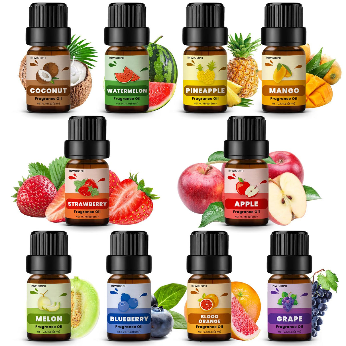 Fruity Fragrance Oil for Candle & Soap Making, INWICOPH Premium Essential Oils 5ml x 10 - Blueberry, Strawberry, Mango, Blood Orange, Essential Oil Diffusers for Home INWICOPH