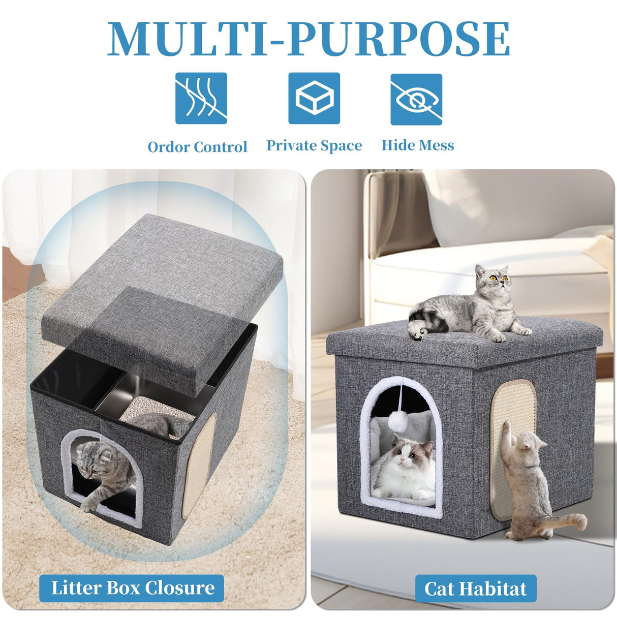 Cat Litter Box Enclosure Furniture, Foldable Hidden litter box with Mesh Storage Bag, Litter box furniture with Waterproof Inside, Easy Clean, Odor Control, Easy Assembly - 21.6”L x 17.7”D x 17.7”H Shikha