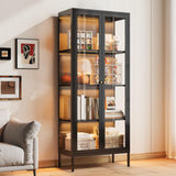Glass Display Cabinet with LED Lights, Black Curio Glass Showcase, 66" Tall Metal Storage Cabinet with Doors and Adjustable Shelves, 3 Color Lighted Display Case for Living Room, Home Office, Pantry MetalMax