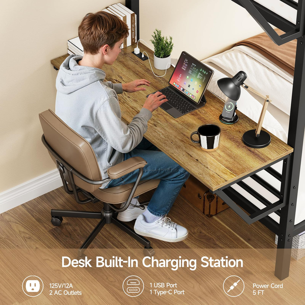 Bunk Bed Twin Over Twin, Metal Bunk Beds with Power Outlets & Desk, Heavy-Duty Bunkbeds Frame with Safety Guardrail & Ladders, Upper Bed with Storage Rack, No Box Spring Needed, for Juniors, Black ONBRILL