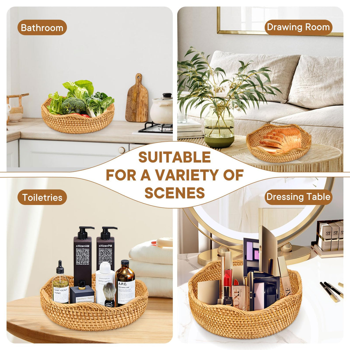 3 Pack Natural Rattan Round Fruit Basket Bowls,Rattan Bread Basket,Woven Serving Basket Bowls,Organizing Handmade Rattan Storage Baskets for Kitchen, Home, set of 3 Size JINSHIYANG