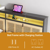 affeivul Boho Bed Frame Queen Size with Headboard, Rattan Bed Frame with Led Lights, Farmhouse Bed Frame with Storage, Charging Station and Cat Cabinet, NO Box Spring Needed, Metal and Wood Combine affeivul