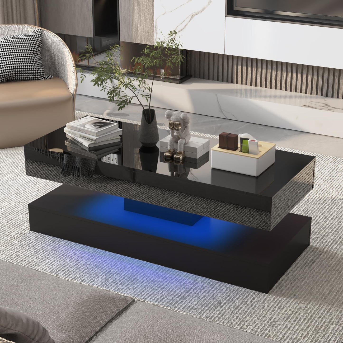 Uspeedy 47.3IN High Glossy LED Coffee Table,Modern Coffee Table for Living Room,Living Room Tables,Large Living Room Furniture,APP LED Lights,Black/White Coffee Table for Living Room (Black) - WoodArtSupply