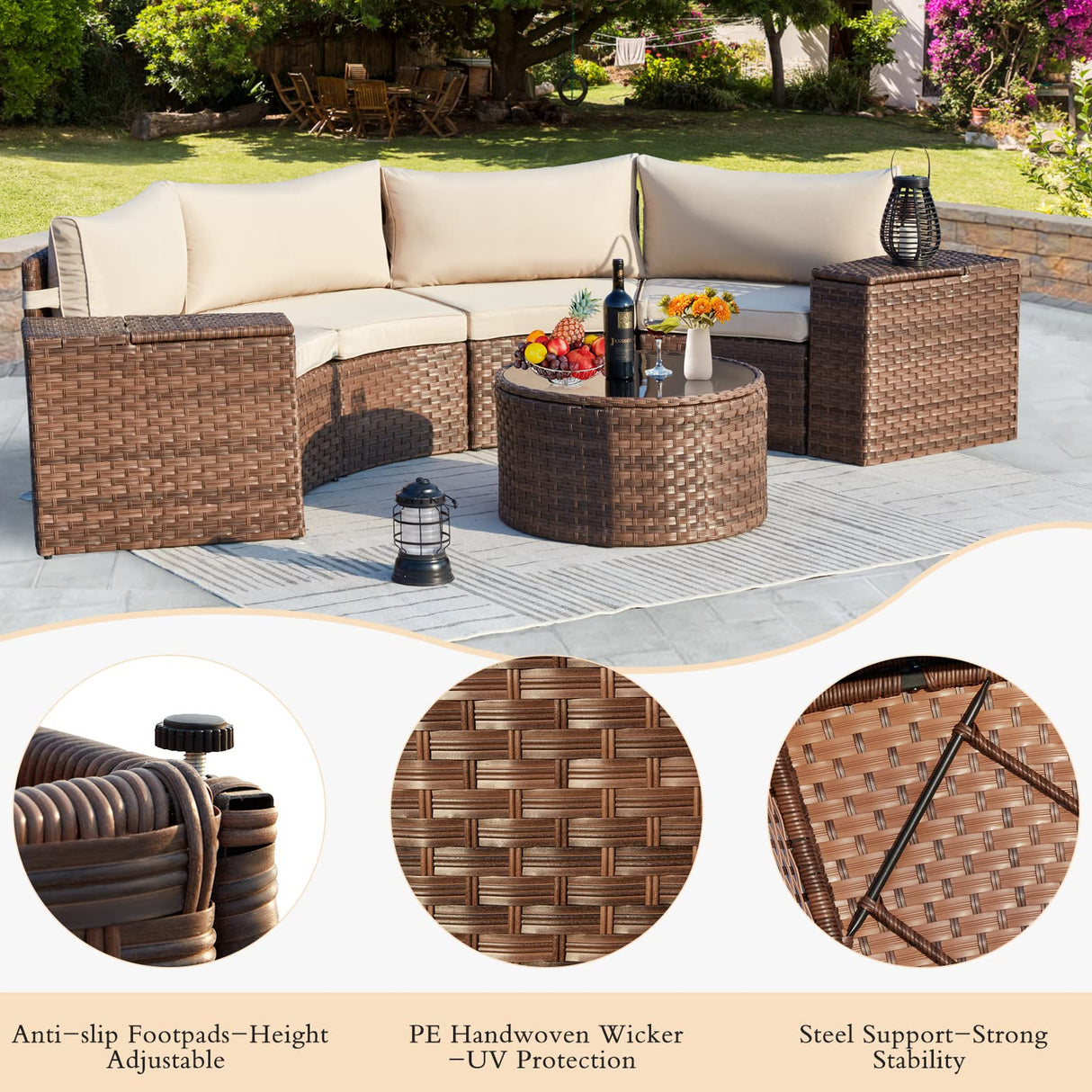 ECOTOUGE 7 Piece Patio Furniture Sets, Half-Moon Circle Conversation Set, Curved Wicker Outdoor Sectional with 2 Storage Armrests and Glass Coffee Table, Garden Balcony and Backyard (Beige) ECOTOUGE