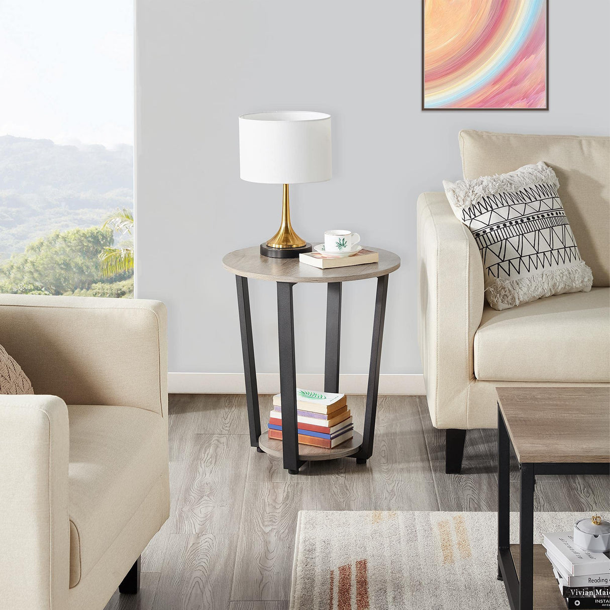 Yaheetech Farmhouse Round End Table with Storage Shelf, 2 Tier Side Table with Metal Frame and Sturdy Wood, Sofa Side Table for Living Room Small Spaces, Easy Assembly, Gray Yaheetech