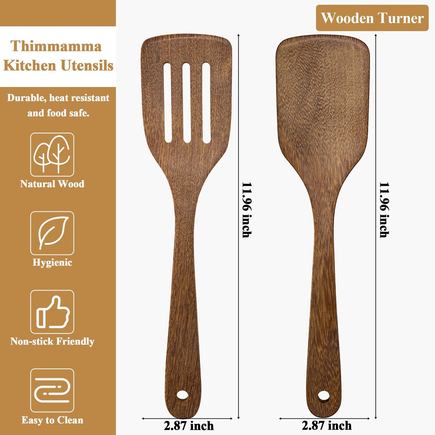 Wooden Spatula for Cooking 12 Inches Wood Spatula Slotted Turner Cooking Utensils for Nonstick Cookware, Kitchen Spatula for Fish, Eggs, Pancakes, 2 Pack