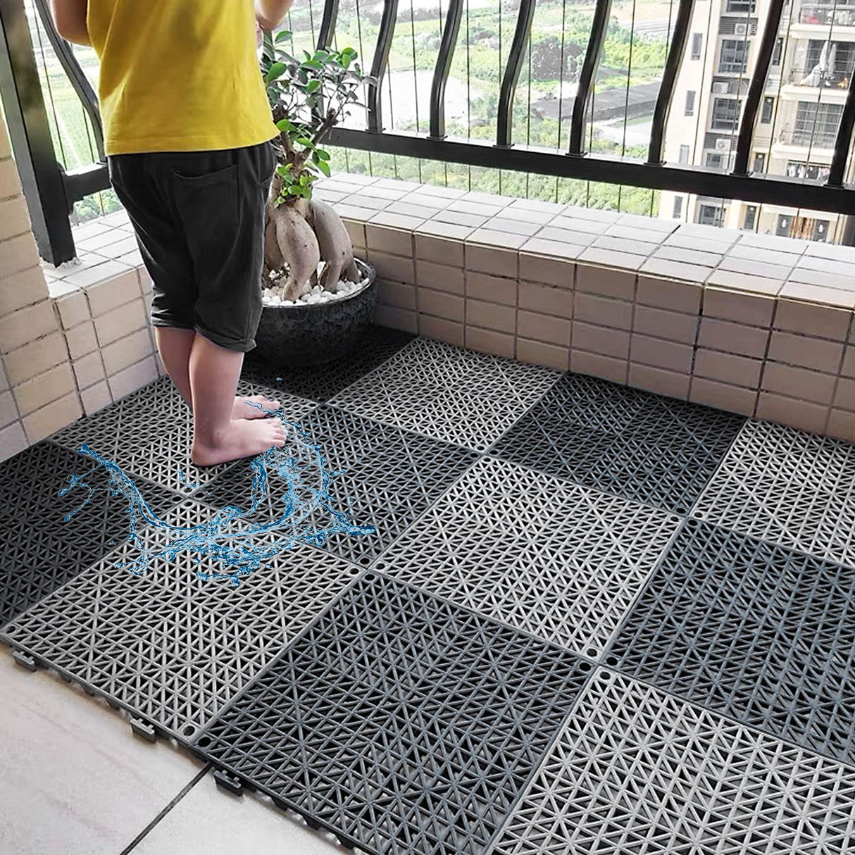 FengWu 12 Pack 12 x 12 Interlocking Rubber Bathroom Flooring Tiles Non-Slip Splicing Waterproof Mat Modular Interlocking Cushion Mat for Drain,Deck,Pool, Patio, Balcony, Shower, Kitchen, Yard, Grey FengWu