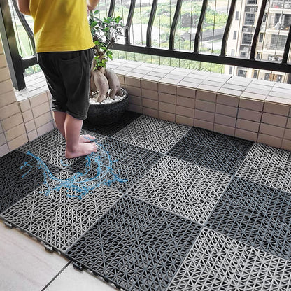 FengWu 12 Pack 12 x 12 Interlocking Rubber Bathroom Flooring Tiles Non-Slip Splicing Waterproof Mat Modular Interlocking Cushion Mat for Drain,Deck,Pool, Patio, Balcony, Shower, Kitchen, Yard, Grey