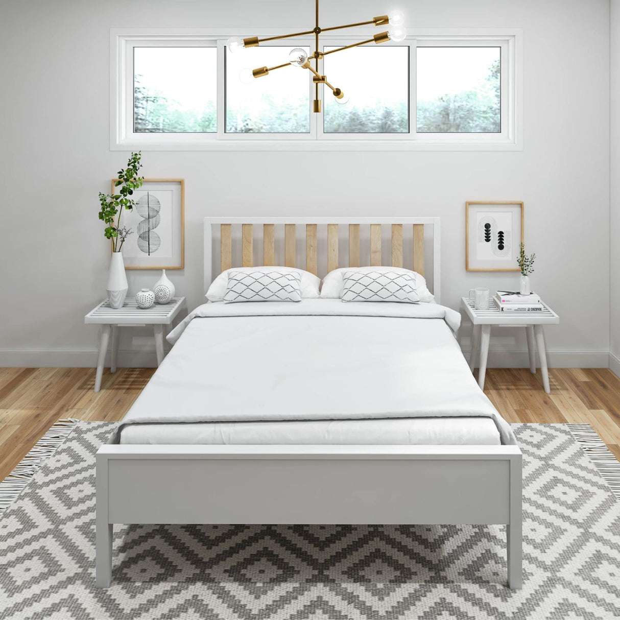 Modern Solid Wood Full Bed Frame with Slatted Headboard in White/Blonde by Plank+Beam Plank+Beam
