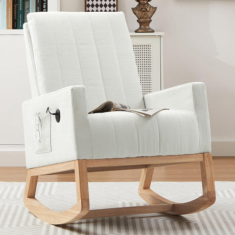 VECELO Rocking Chair Nursery Upholstered Modern Glider Rocker with Padded Seat High Backrest USB Port Comfy Armchair and Side Pocket for Living Room Bedroom Balcony Offices, White VECELO