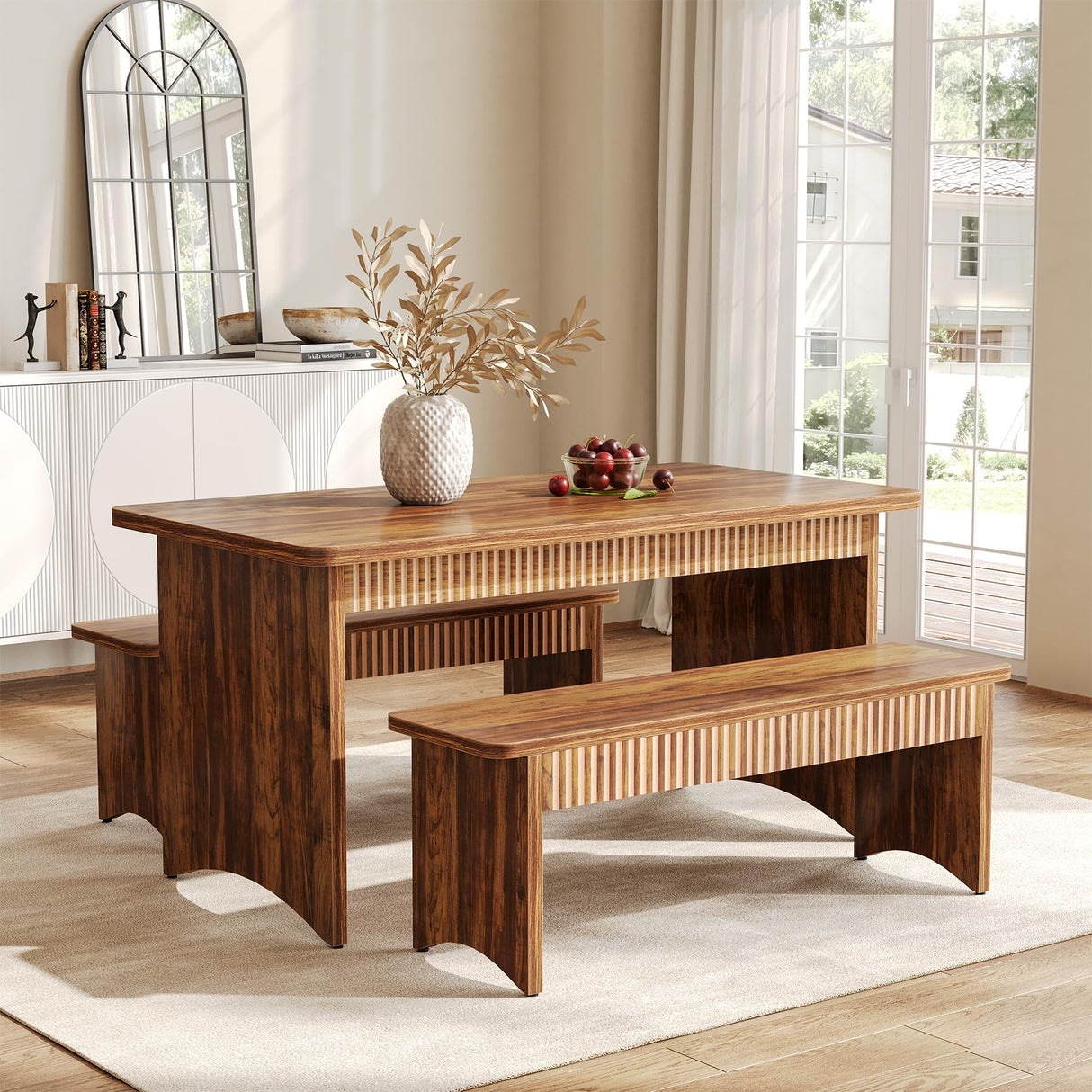 LITTLE TREE 55" Dining Table with 2 Benches, Dining Table Set for 4-6 People, Farmhouse Kitchen Table with Bench, Dining Room Table Set LITTLE TREE