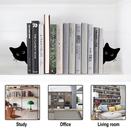 Bookends Metal Cat Book Ends, 1 Pairs Cute Bookends for Shelves Decorative for Home Office Desk Bookshelf Decor (Black, Full-face) TYLCC