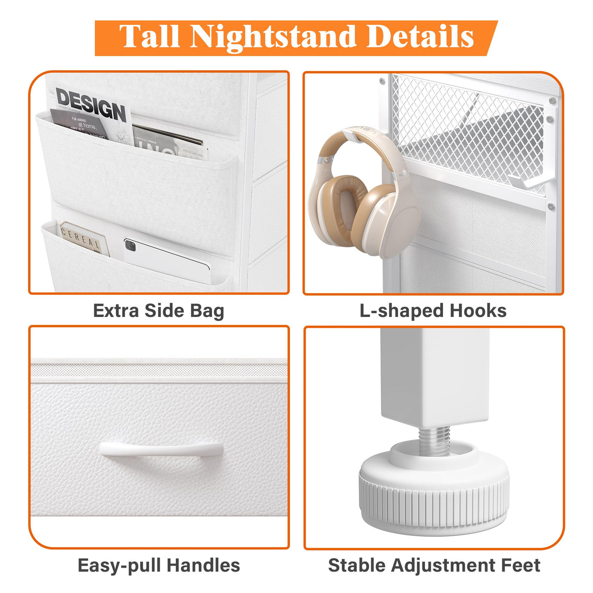EnHomee Night Stand Set 2 with Charging Station, Tall Nightstand with 5 Drawers, LED Nightstands with USB Ports & Outlets, White Nightstand with Extra Side Bag & Hooks, Side Table, Dresser, Bedroom EnHomee