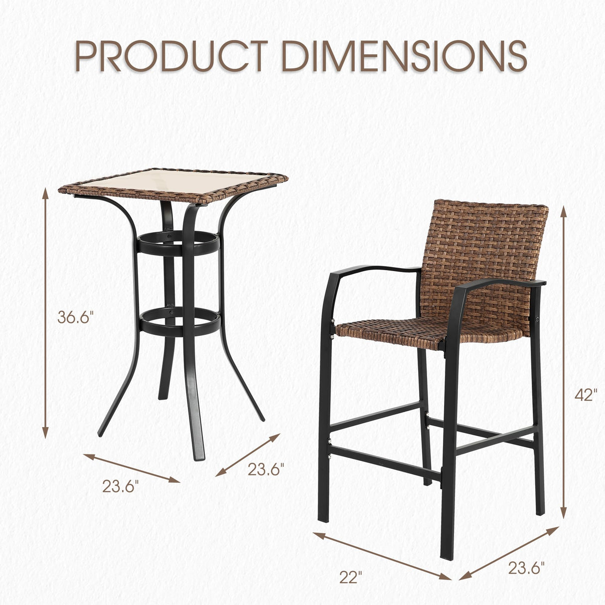 Villeston 3 Piece Outdoor Wicker Bar Stools Set, 2 Height Chairs and 1 Pub Table for Patio Bistro Poolside Dining, Woven Rattan High Top Furniture, Brown Villeston