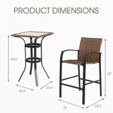 Villeston 3 Piece Outdoor Wicker Bar Stools Set, 2 Height Chairs and 1 Pub Table for Patio Bistro Poolside Dining, Woven Rattan High Top Furniture, Brown Villeston