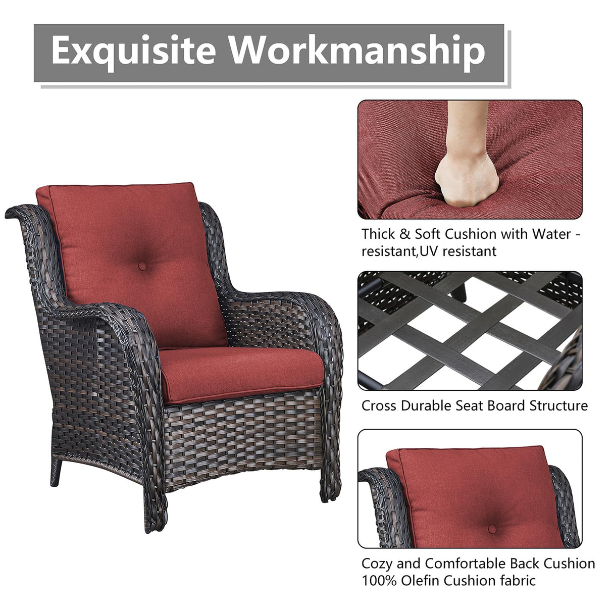 Outdoor Patio Furniture Chairs Set - 5 Piece Wicker Rattan Patio Sectional Conversation Sets with 2 Armrest Chairs,2 Ottomans and 1 Side Table for Porch Deck Balcony Backyard Garden(Brown/Red) Rilyson