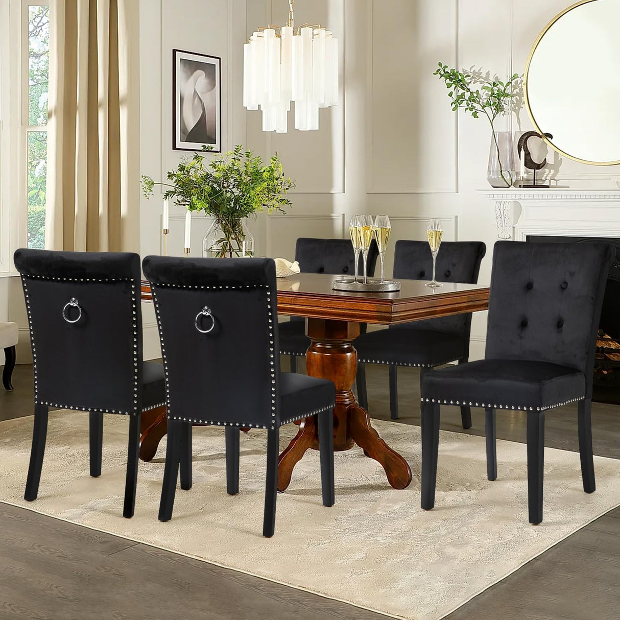 VDAOQVG Upholstered Velvet Dining Room Chairs Set of 2 for Dining Room, Set of 2 Kitchen Chairs with Gold Nailhead and Metal Ring Upholstery, Solid Wood Dining Chairs Set of 2 for Restaurant (Black) VDAOQVG