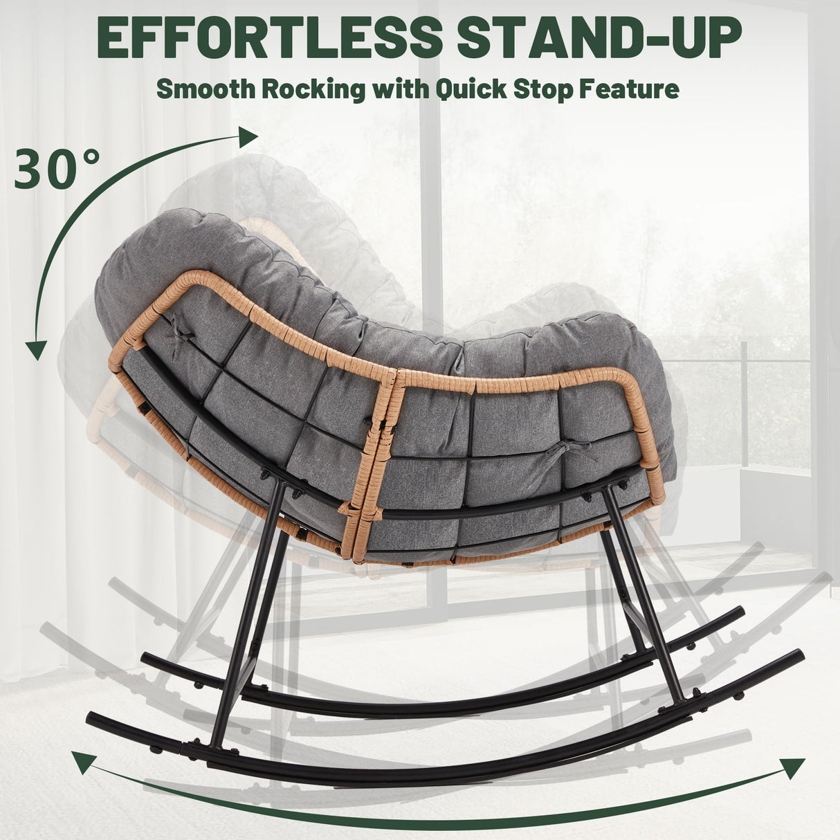 Halituny Outdoor Rocking Chair with Thick Cushion, Comfy Rattan Rocker Egg Chair Indoor with Straps, Patio Rocking Chair 450lbs for Garden, Balcony, Lawn, Backyard, Living Room, Bedroom, Dark Gray Halituny