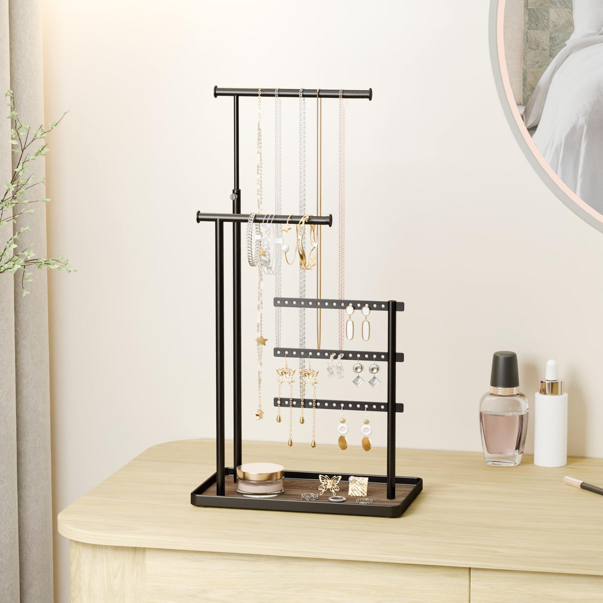 susswiff Jewelry Holder Organizer Stand - Adjustable Tall 17.5" (Max), Sturdy Jewelry Hanger for Necklaces, Earrings, Bracelets, Rings, Jewlery Display and Storage, Black, Metal susswiff