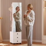 IRONCK Jewelry Cabinet with 3 Drawers, Lockable Standing Jewelry Armoire Organizer with Garment Rack, Full Length Mirror with Jewelry Storage and 4 Wheels for Bedroom, Cloakroom, White IRONCK