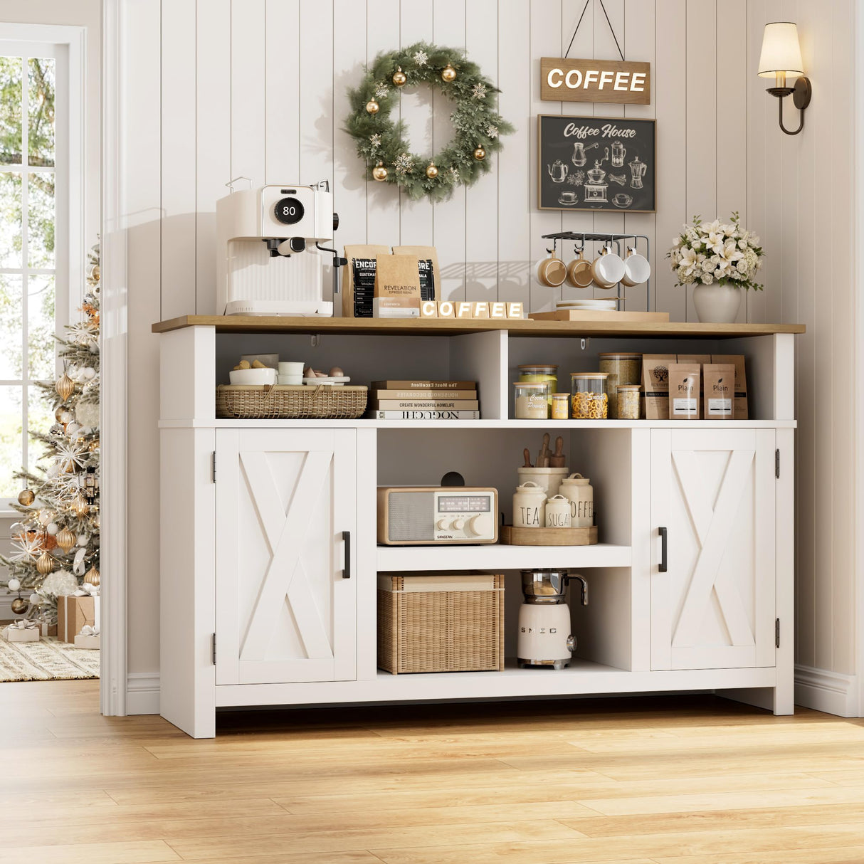 HOSTACK 55'' Sideboard Buffet Cabinet with Storage, Barn Doors Coffee Bar Station, Wood Kitchen Storage Cabinet with Shelves, Modern Farmhouse Console Table for Dining Room, Living Room, White HOSTACK