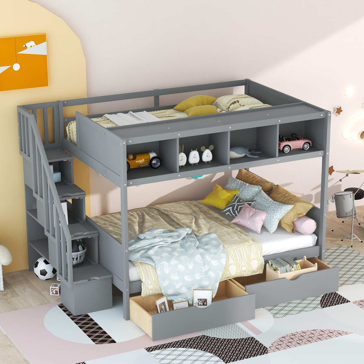 Harper & Bright Designs Grey Twin Over Full Bunk Bed with Stairs and Storage Solutions Harper & Bright Designs