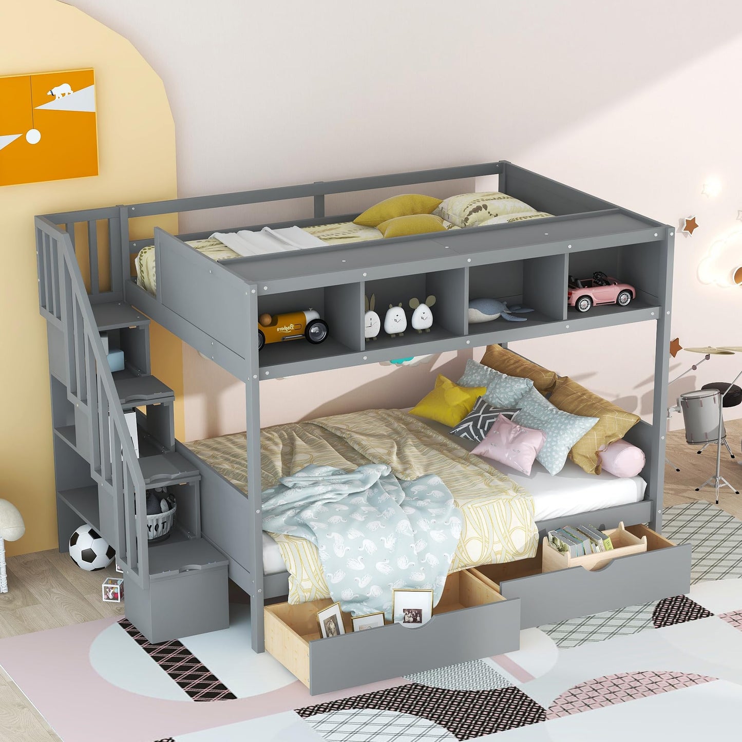 Harper & Bright Designs Grey Twin Over Full Bunk Bed with Stairs and Storage Solutions