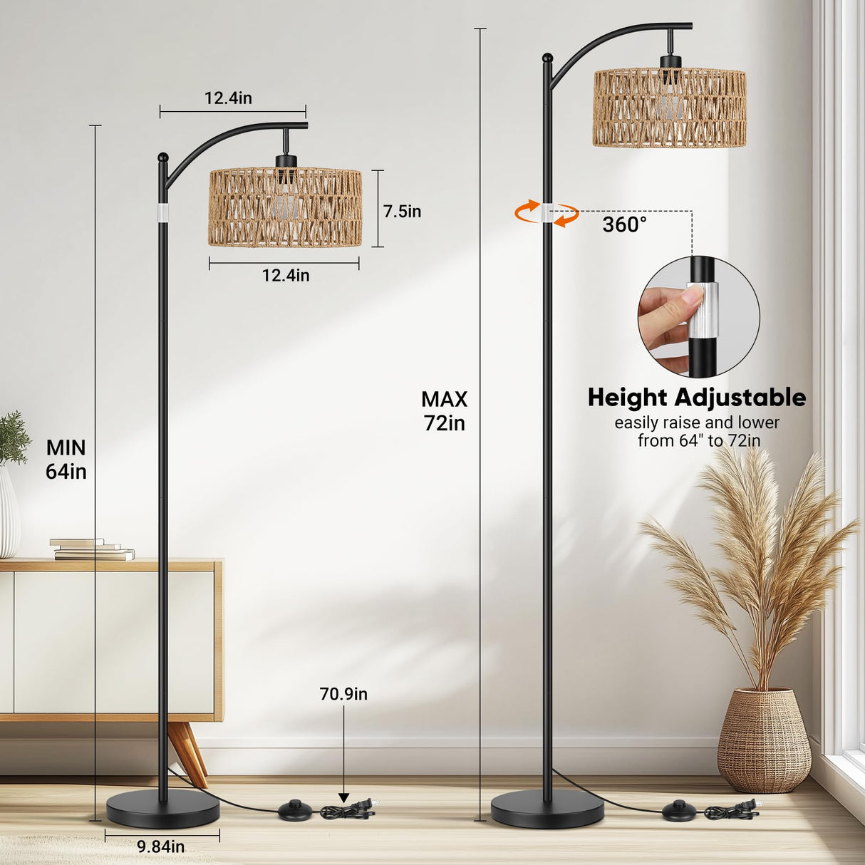 ROTTOGOON Rattan Floor Lamps for Living Room, Boho Standing Lamps with Rattan Shade, Arc Lamps Floor Standing with 9W Bulb, Foot Switch, Black Bohemian Floor Lamps for Bedroom, Office-Drum ROTTOGOON