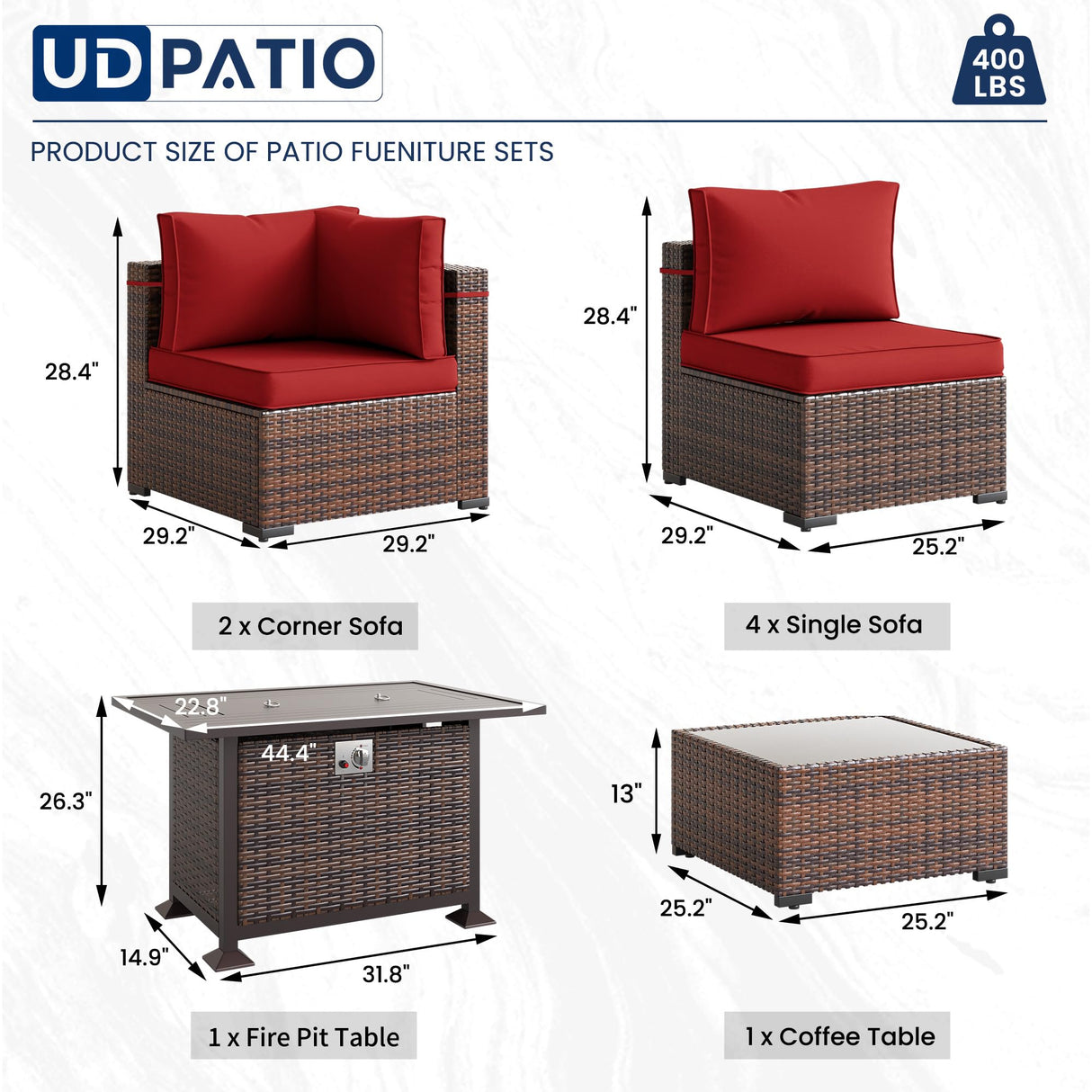 UDPATIO Patio Furniture Sets with Fire Pit Table, Modular Rattan Outdoor Conversation Patio Sectional Furniture Sofa Set for Backyard, Deck w/Coffee Table, 8PC Brown/Red (Include Sofa Cover) UDPATIO