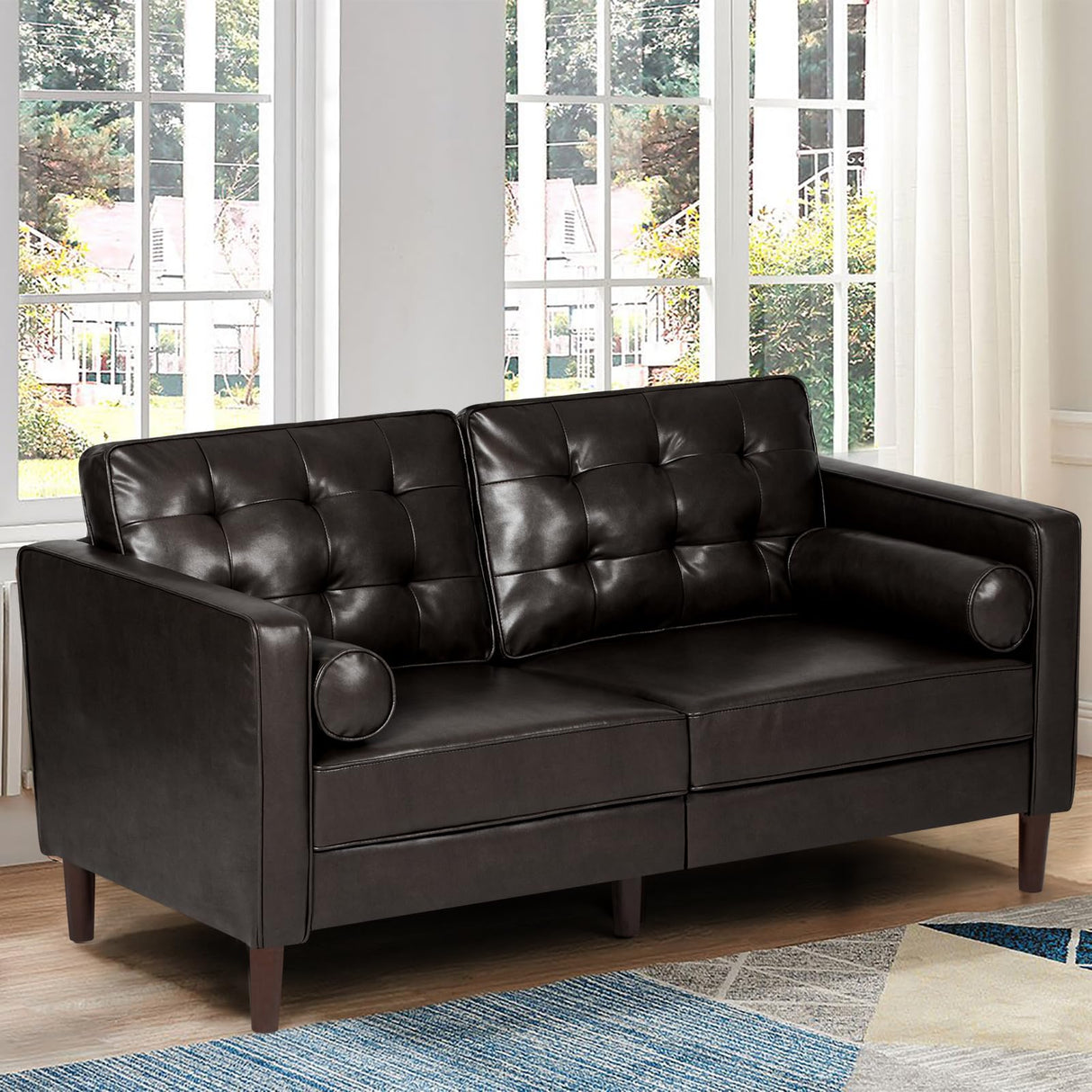 ACMEASE 67" Premium Faux Leather 2-Seater Sofa with 2 Bolster Pillows and Tufted Backrest, Mid-Century Modern Loveseat Sofa, Luxury Couch for Living Room, Bedroom, Office, Dark Brown ACMEASE