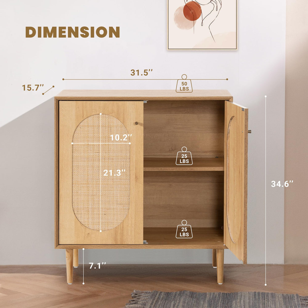 THEETAYY Storage Cabinet Sideboard with Rattan Doors, Boho Buffet Sideboard Bar Cabinet Farmhouse Credenza Cabinet with Sturdy Wooden Legs with Leveler for Living Room,Kitchen,Hallway THEETAYY