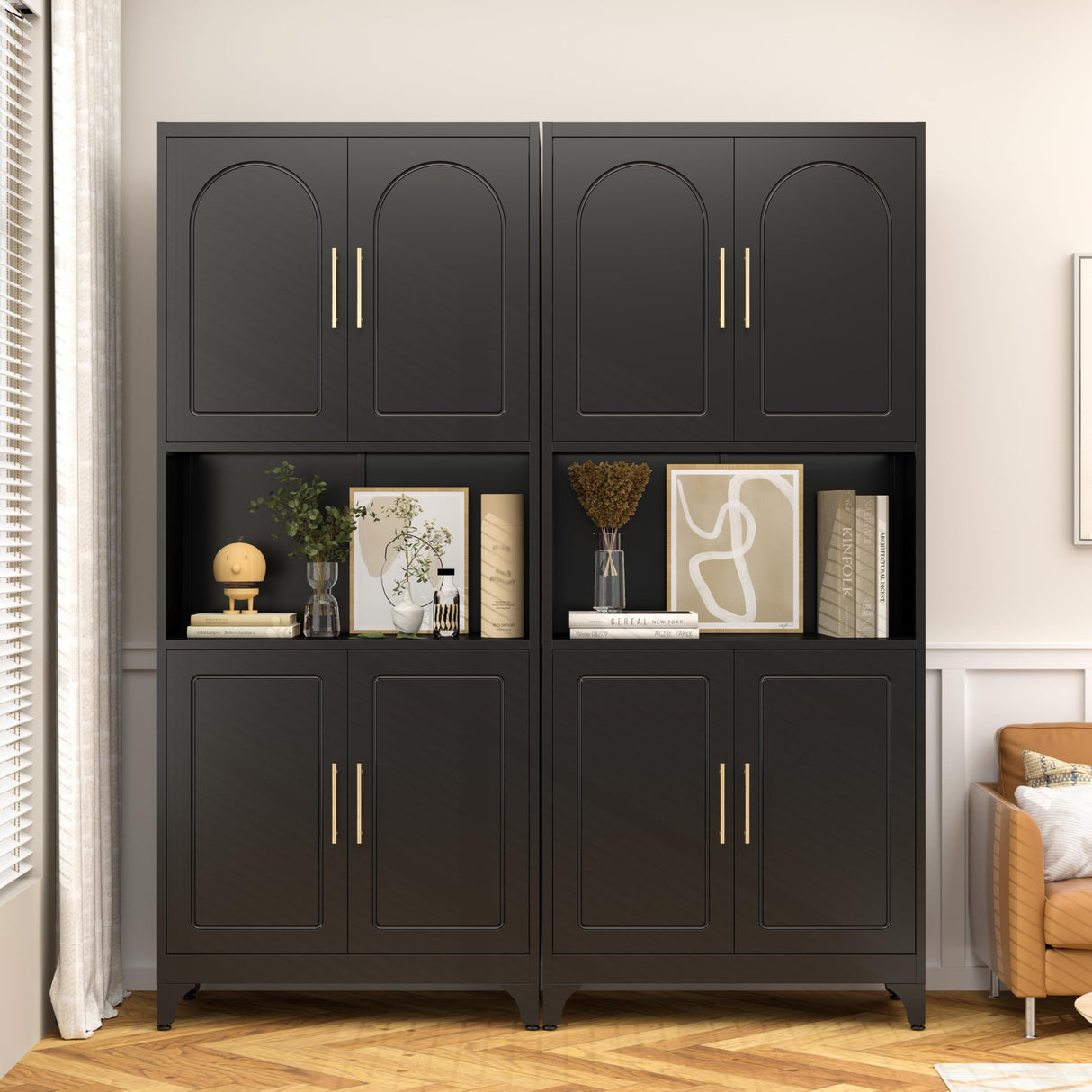 SteeLoong Kitchen Pantry Storage Cabinet with Microwave Stand，Black 75" Tall Metal Cupboard with 4 Doors and Adjustable Shelves for Bathroom, Dining Room SteeLoong