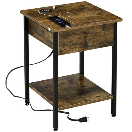 HOMCOM End Table with Wireless Charging Station and 2 USB Ports, Small Side Table with 2-Tier Storage, Drawer for Living Room, Bedroom, Rustic Brown Aosom