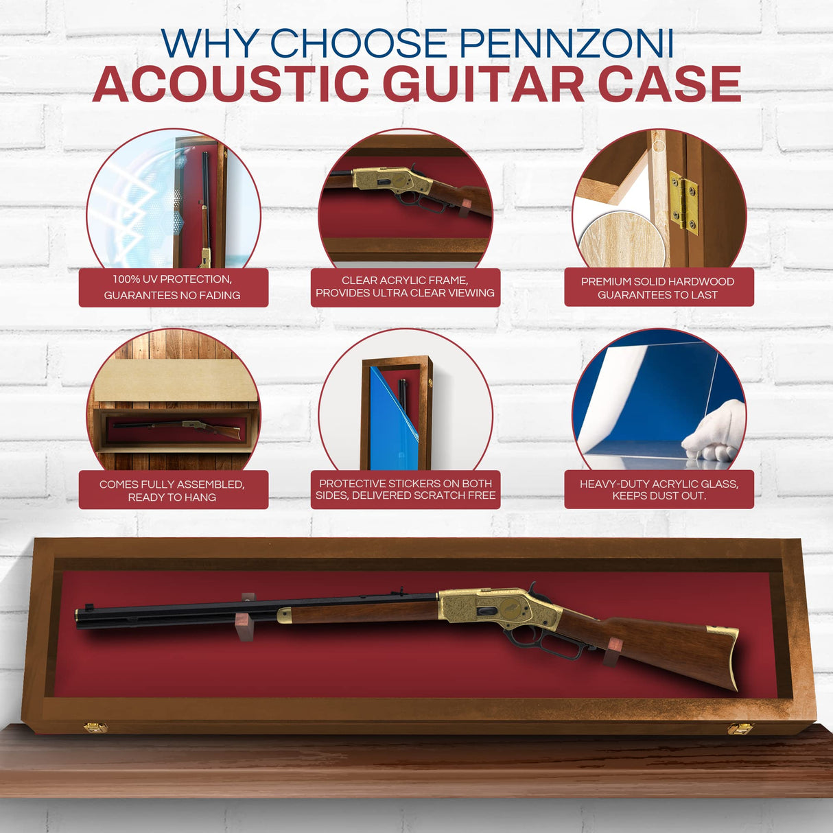 PENNZONI Gun Display Case - Lockable Rifle Display Case - Gun Cabinets for Rifles & Shotguns - Sword Wall Mount, Gun Wall Mount Display Case w/ Acrylic Door | Walnut, Red Felt PENNZONI