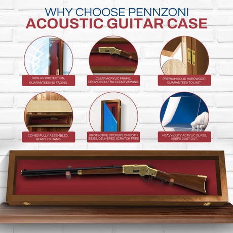 PENNZONI Gun Display Case - Lockable Rifle Display Case - Gun Cabinets for Rifles & Shotguns - Sword Wall Mount, Gun Wall Mount Display Case w/ Acrylic Door | Walnut, Red Felt PENNZONI