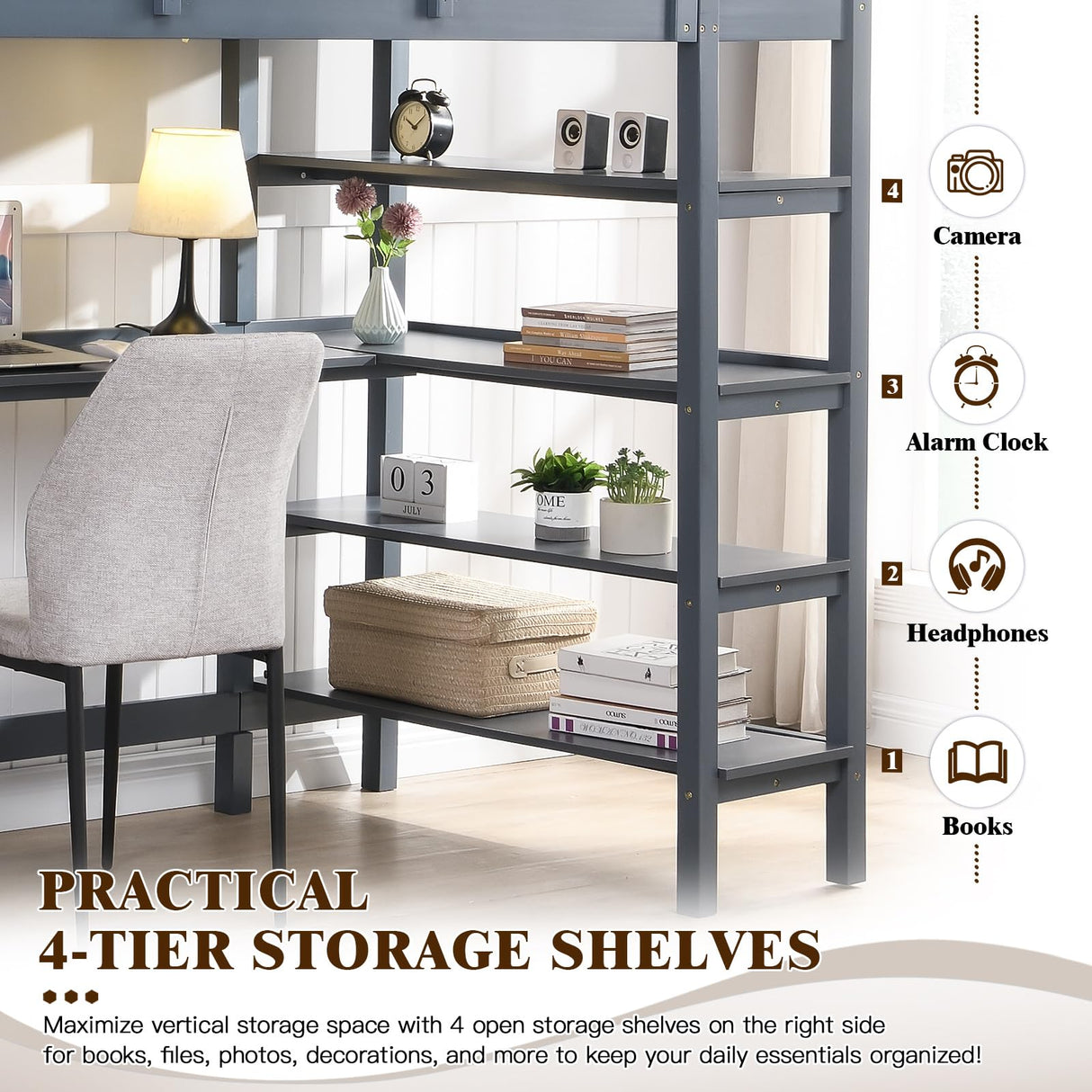 KINFFICT Loft Bed Full Size with Desk and Shelves, Heavy Duty Full Loft Bed Frame with Bookcase Storage, Solid Wood Lofted Bed Frame, Space-Saving, Noise Free, No Box Spring Needed KINFFICT