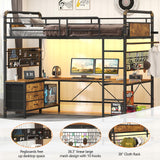 CSZZD Twin Loft Bed with U-Shaped Desk, Metal Loft Bed with LED Lights, Charging Station, Industrial Heavy Duty Bunk Loft Bed Frame with Desk and 3 Storage Drawers, 3 Pegboards, Safety Guard & Ladder CSZZD